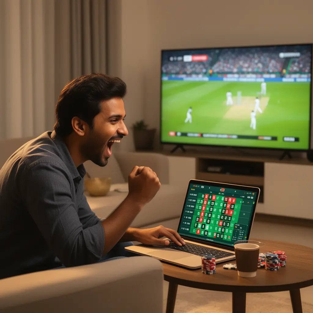 DB345 – Experience the thrill of live sports betting in Bangladesh Excited Bangladeshi sports betting fan celebrating a winning moment while placing live cricket bets on a laptop with DB345 at home